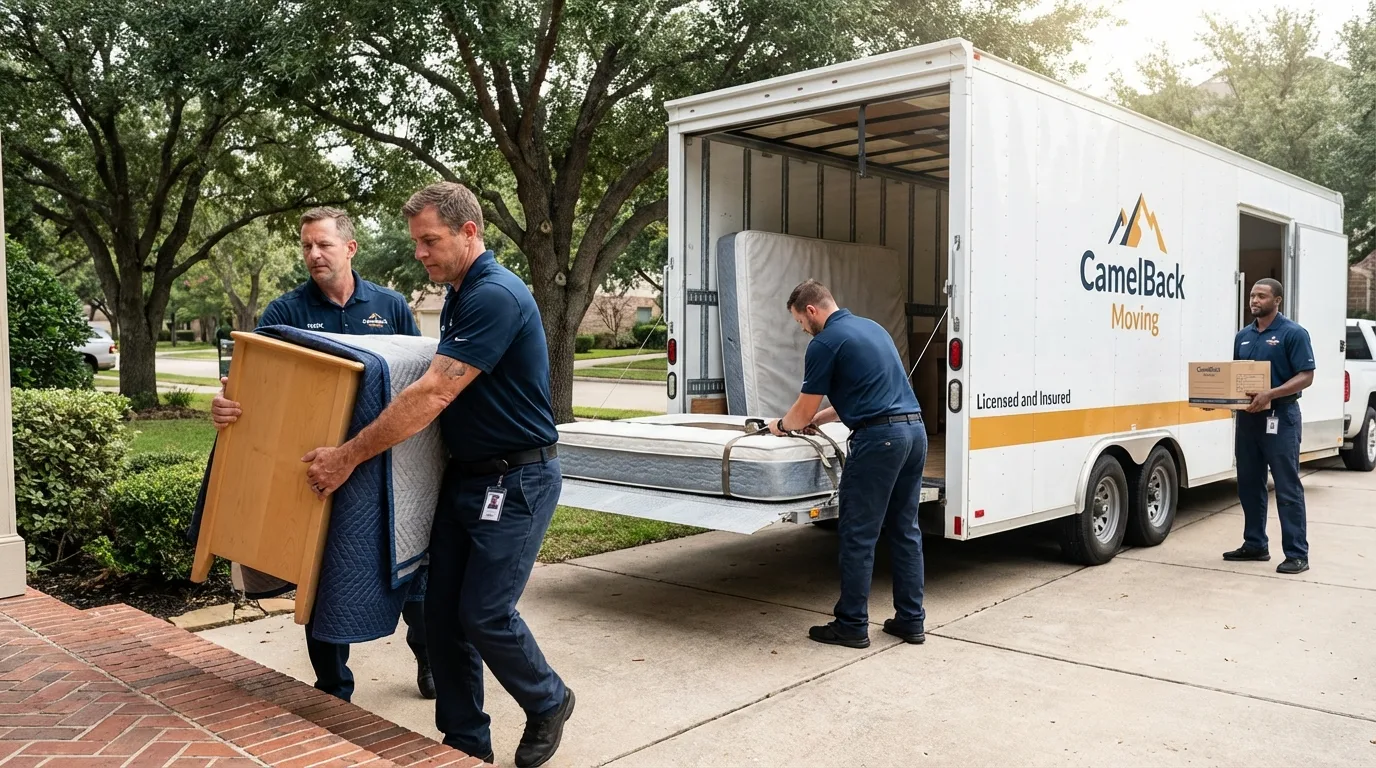 Crew loading residential truck for cross-state move from Spirit Lake, IA