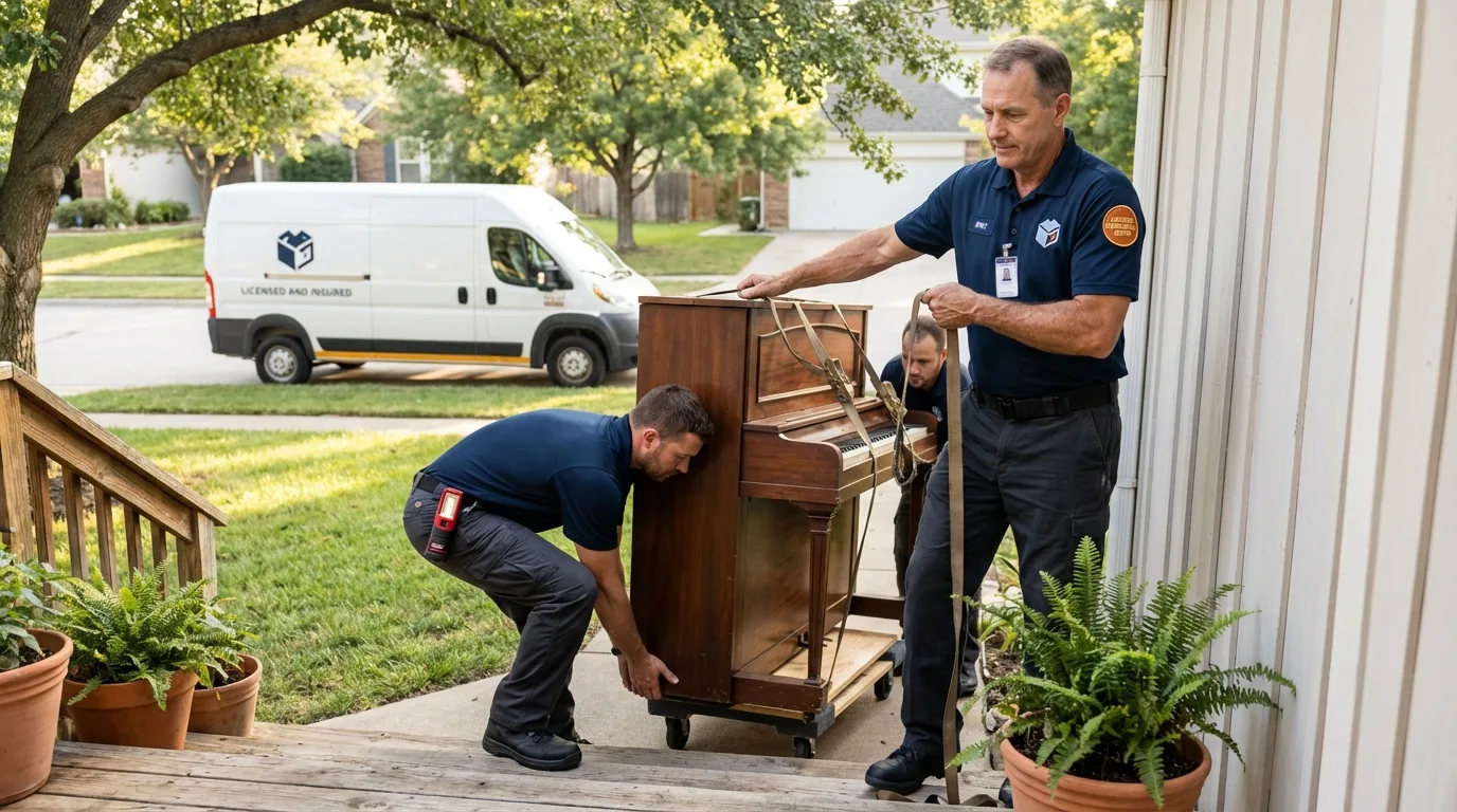 Licensed piano movers securing grand piano in Spirit Lake, IA