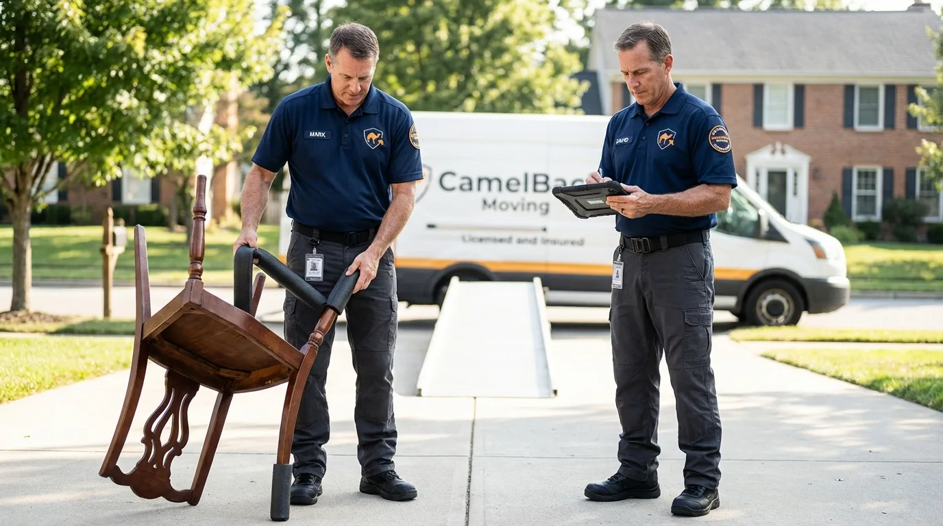 Movers inspecting furniture for damage prevention before loading in Spirit Lake, IA