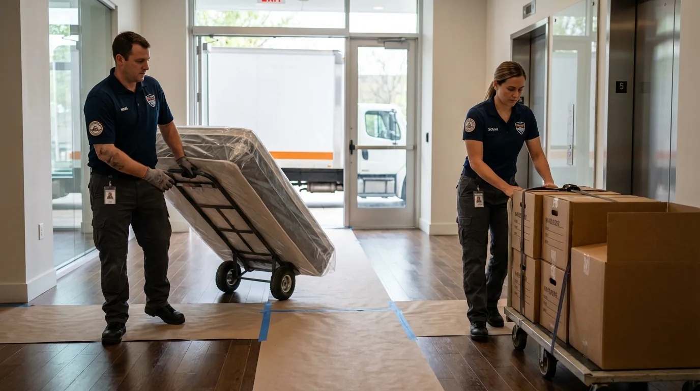 Professional apartment movers loading elevator in Spirit Lake, IA