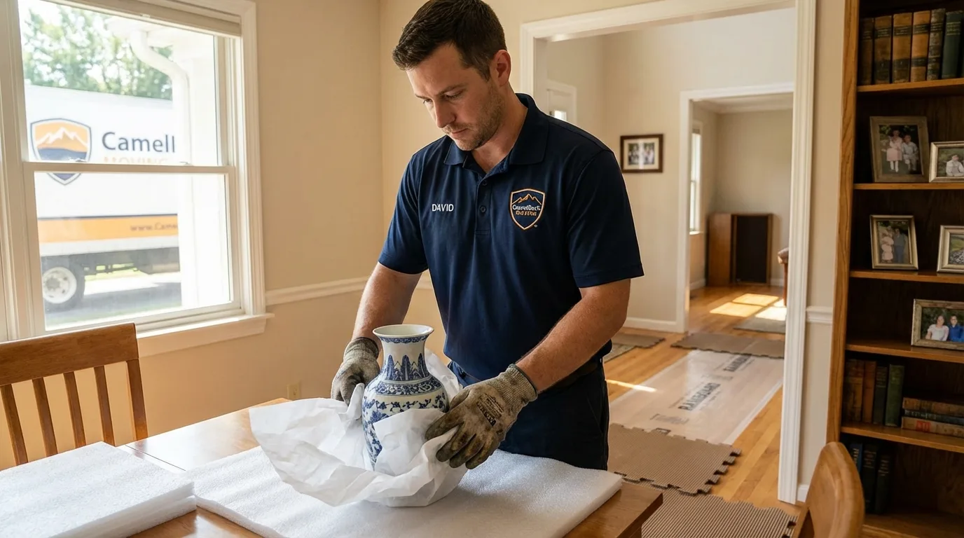 Professional crew carefully wrapping antique vase for senior downsizing move in Spirit Lake, IA
